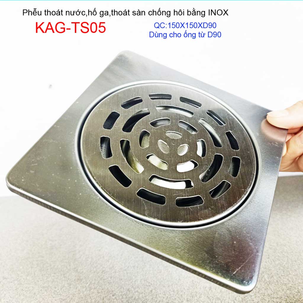 Phễu thoát sàn chống hôi KAG-TS05, ga thoát sàn vuông 15x15cm ống D90 nước thoát nhanh giá tốt sử dụng tốt