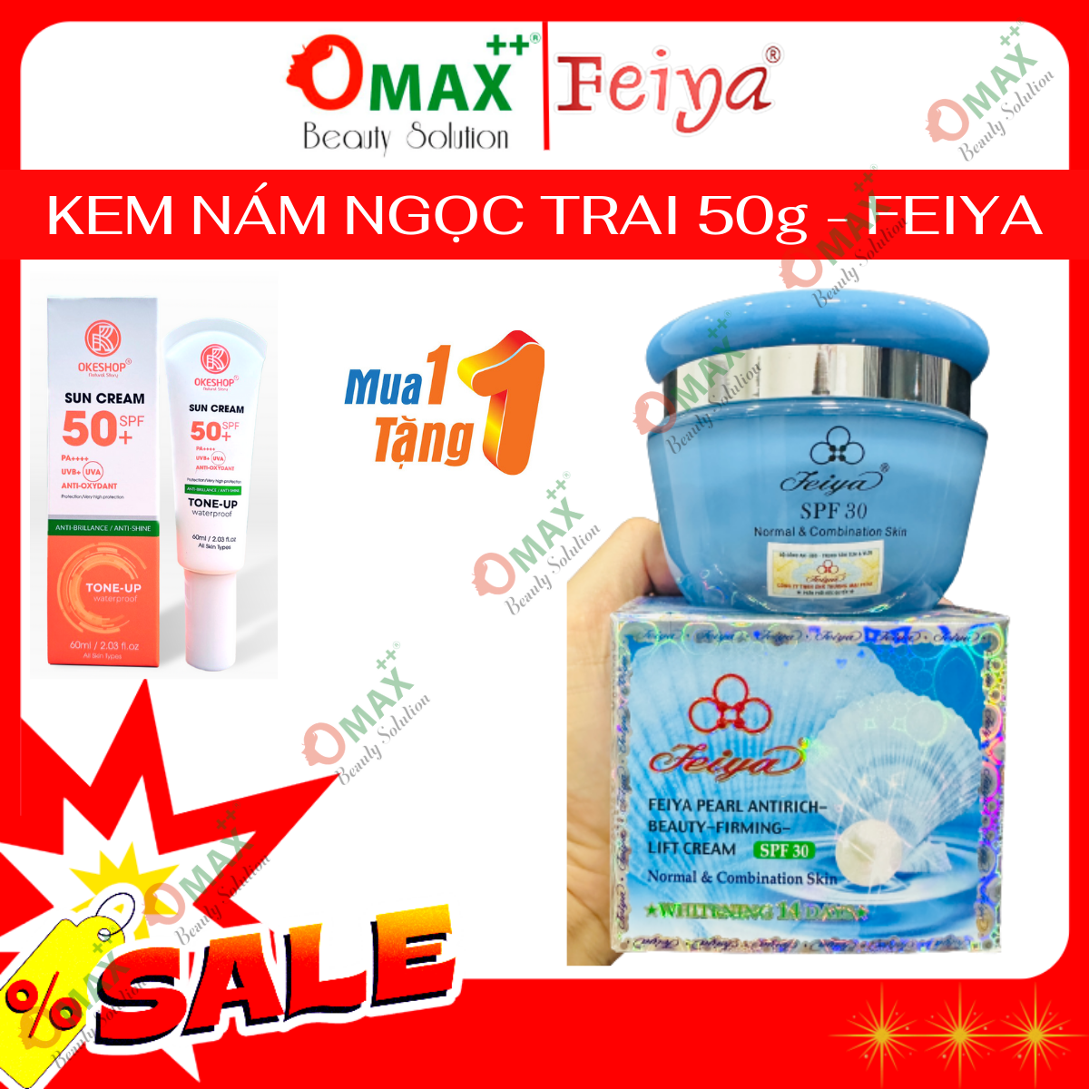 Kem FEIYA Ngọc Trai 50g - Xóa Mờ Thâm Nám - Tàn Nhang - Đồi Mồi - Đốm Nâu - Cháy Nắng - Làm Đều Màu Da - Chống Nắng