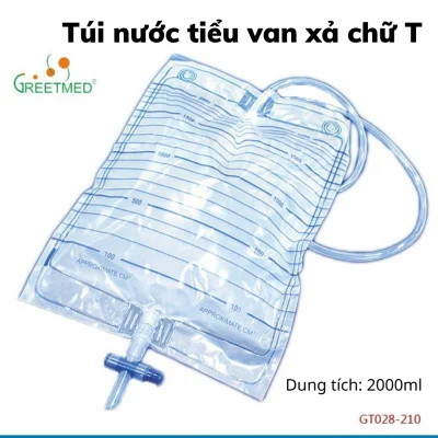 Túi chứa nước tiểu túi đựng nước tiểu van xả ngang chữ T hoặc van thẳng có dây treo 2000ml URINE BAG Greetmed