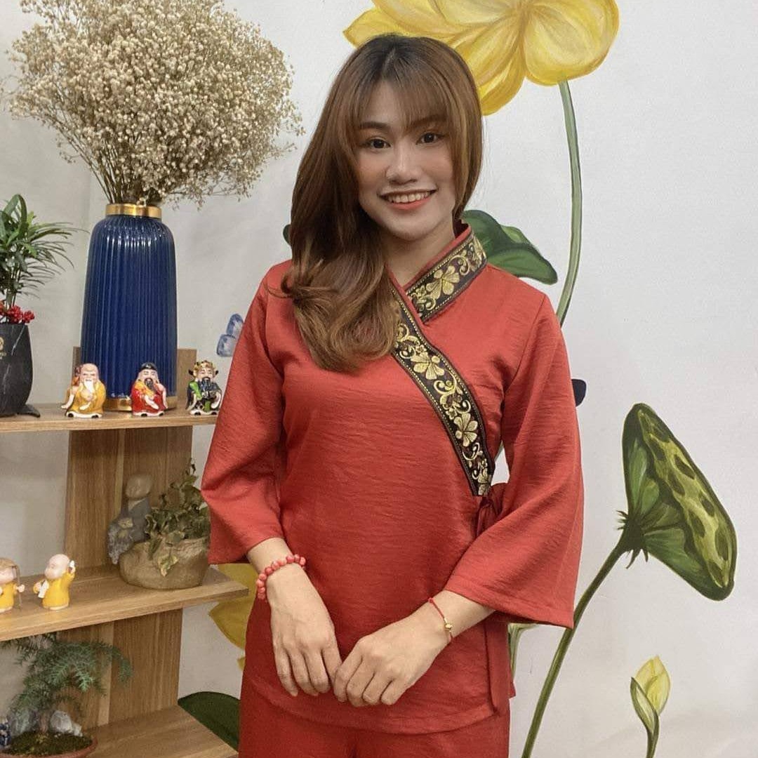 [HCM]Đồ lam đi chùa nữ đồ phật tử áo lam mẫu xéo nơ vải lụa