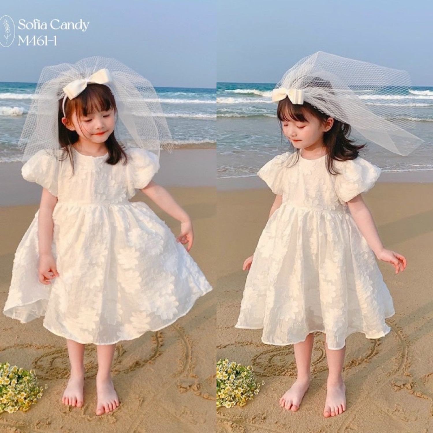 (10-26kg) Đầm trắng công chúa tay phồng cho bé gái
