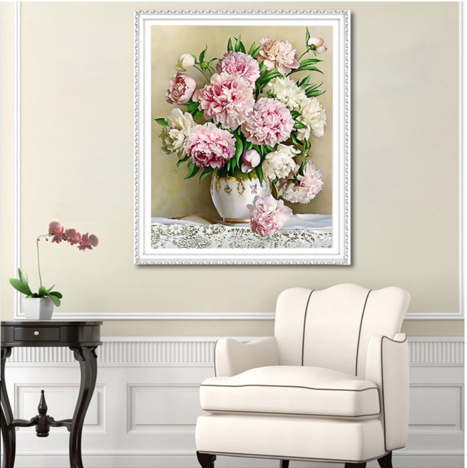 Tranh thêu bình hoa mẫu đơn đẹp 62x80cm - hh0815