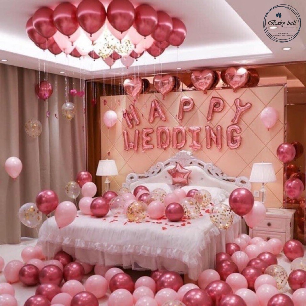 {Tặng 100 Cánh Hoa hồng} Sét Bóng Happy Wedding Trang Trí Phòng Cưới [ TẶNG QUÀ]