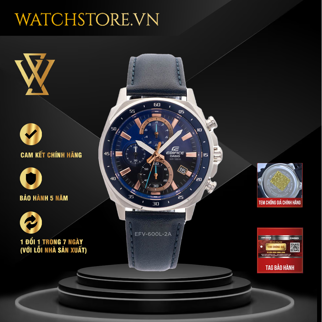 Đồng hồ quartz nam casio edifice chính hãng watchstore efv-600l-2avudf, mặt kính khoáng 43.8mm, dây da và vỏ thép không gỉ