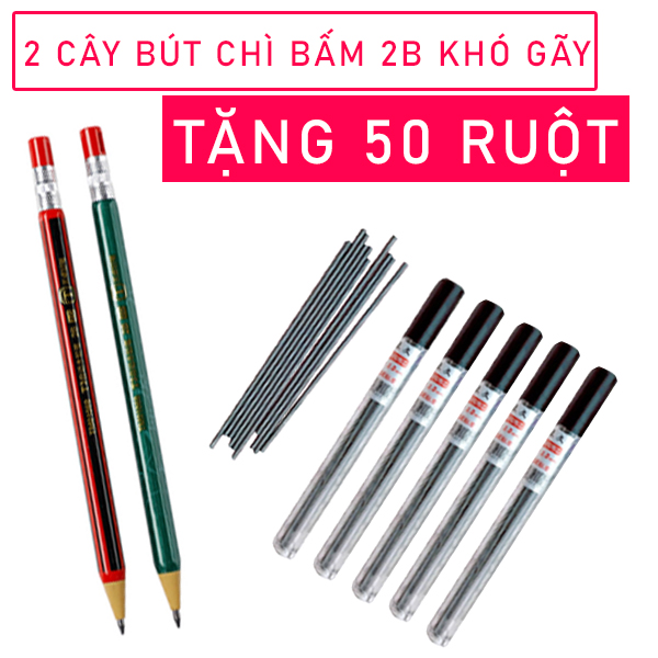 2 cây bút chì 2B ngòi to chống gãy tặng 50 ngòi chất lượng tốt giá rẻ , dễ sử dụng , phù hợp với học sinh cấp 1 2 3 , bút chì bấm ngòi bự khó gãy , bút chì kim ngòi to giá rẻ - Phát Huy Hoàng