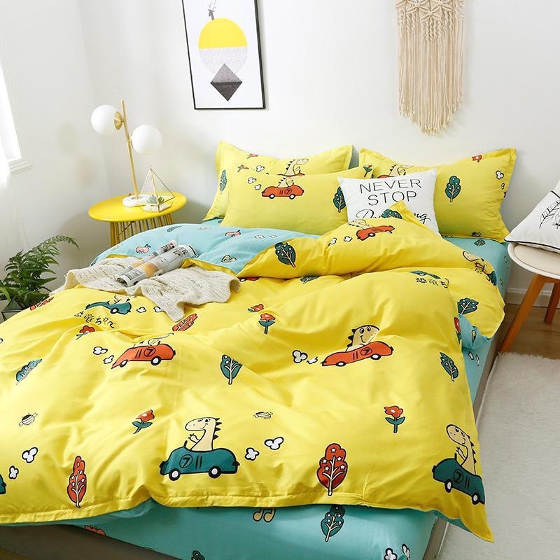Set 4 món chăn hè trần bông, ga và 2 vỏ gối chất cotton poly mẫu khủng long vàng