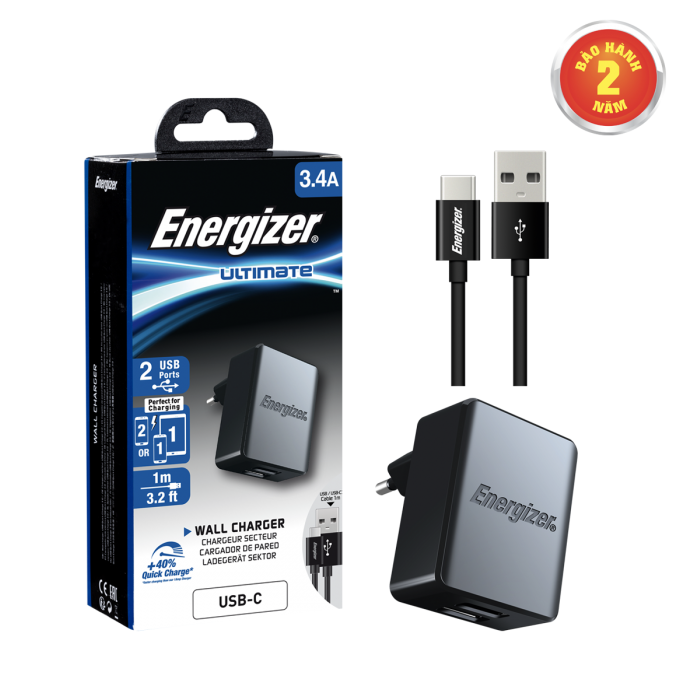 Sạc tường Energizer 3.4A 2 cổng USB kèm cáp USB-C 2.0 - ACA2CEUUC23