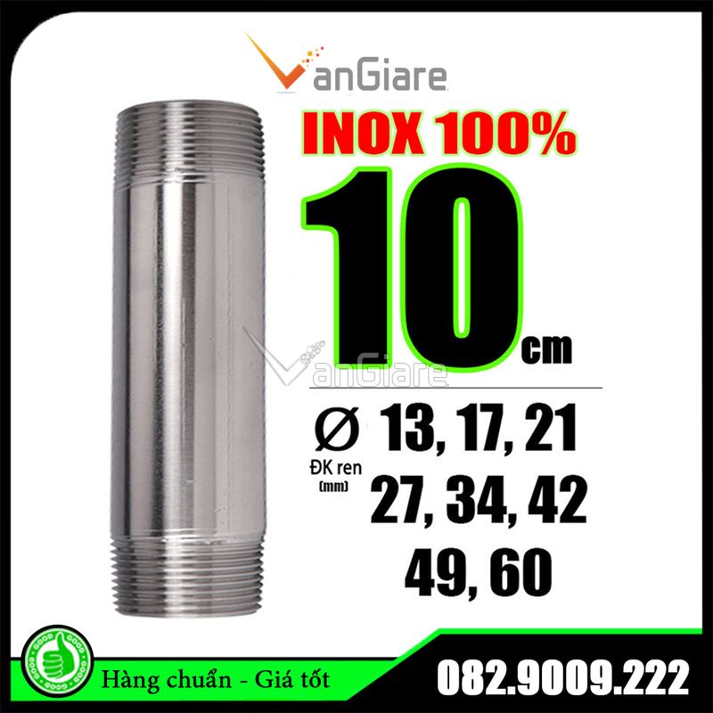 Ống nối 2 đầu ren ngoài inox 1 tấc phi 13, 17, 21, 27, 34, 42, 49, 60