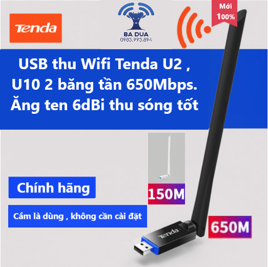 USB Wifi - USB Thu Wifi Tenda U2 , Tenda U10 2 băng tần AC650Mbps