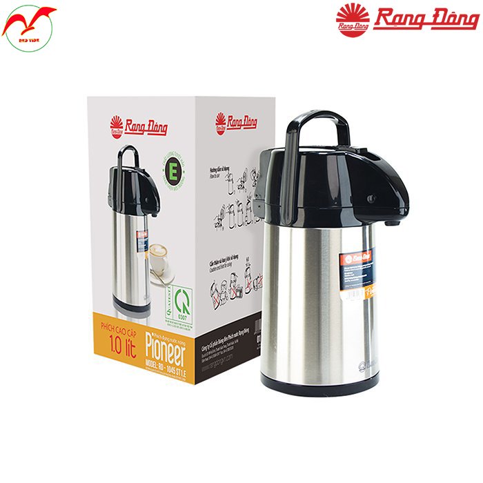 Phích bơm nước 1 lít Rạng Đông. Ruột thủy tinh cao cấp giữ nhiệt lâu, sang trọng vỏ inox sáng bóng RD 1045 ST1.E