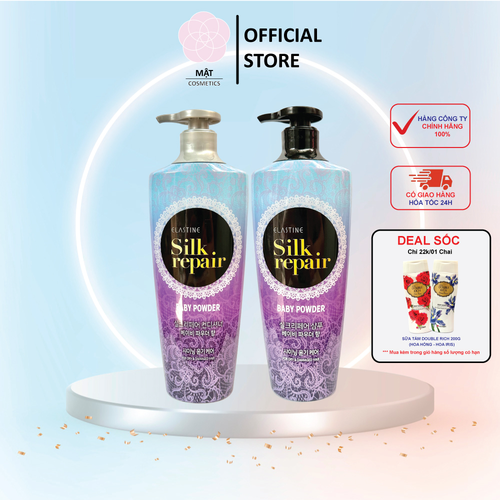Combo Dầu gội và Dầu xả nước hoa Elastine Silk Repair Baby Powder 550ml