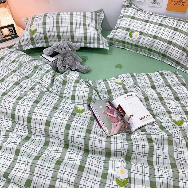 Trọn Bộ 4 Món Cotton Poly Nhập Mẫu HOA KẺ XANH