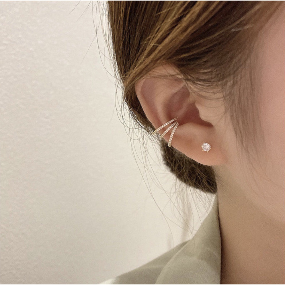 Bộ khoen tai kẹp vành earcuff một bên đính đá trắng bạc phong cách hàn quốc peosan