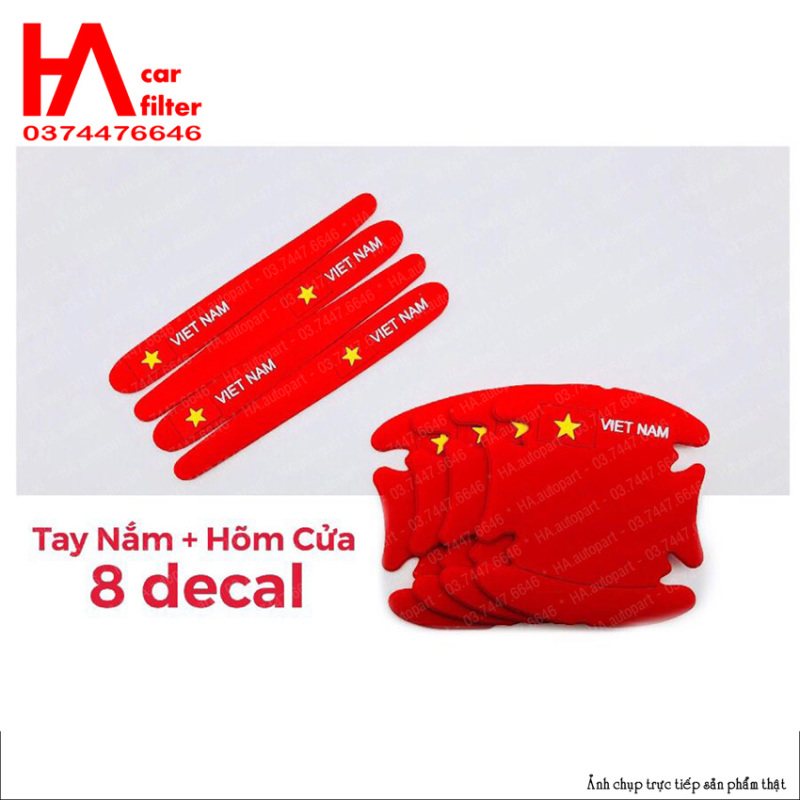 Bộ 8 tấm chống xước HÕM CỬA TAY NẮM ô tô silicone loại dầy, hình quốc kỳ Việt Nam, màu trắng và đỏ, Tặng 2 miếng dán gương chiếu hậu.