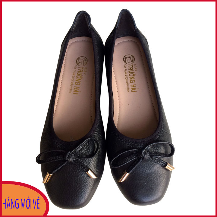 Giày nữ búp bê da bò thật đính nơ Trường Hải đế cao su mềm dẻo không trơn TH03791