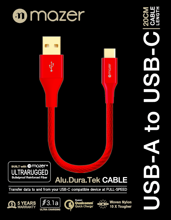 Dây Cáp Sạc Mazer ALU.DURA.TEK USB-A to USB-C Cable 3.1A (20cm - 1.2m - 2m)