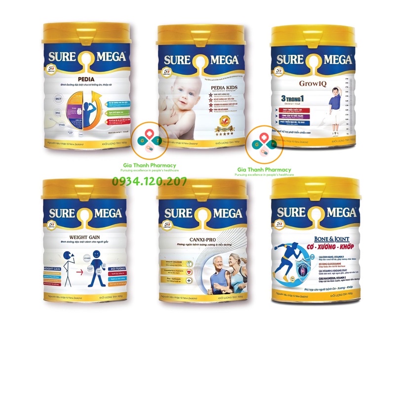 Sữa sure mega các loại - pedia, pedia kids, growiq, weight gain, canxi pro, cơ xương khớp - hộp 900g