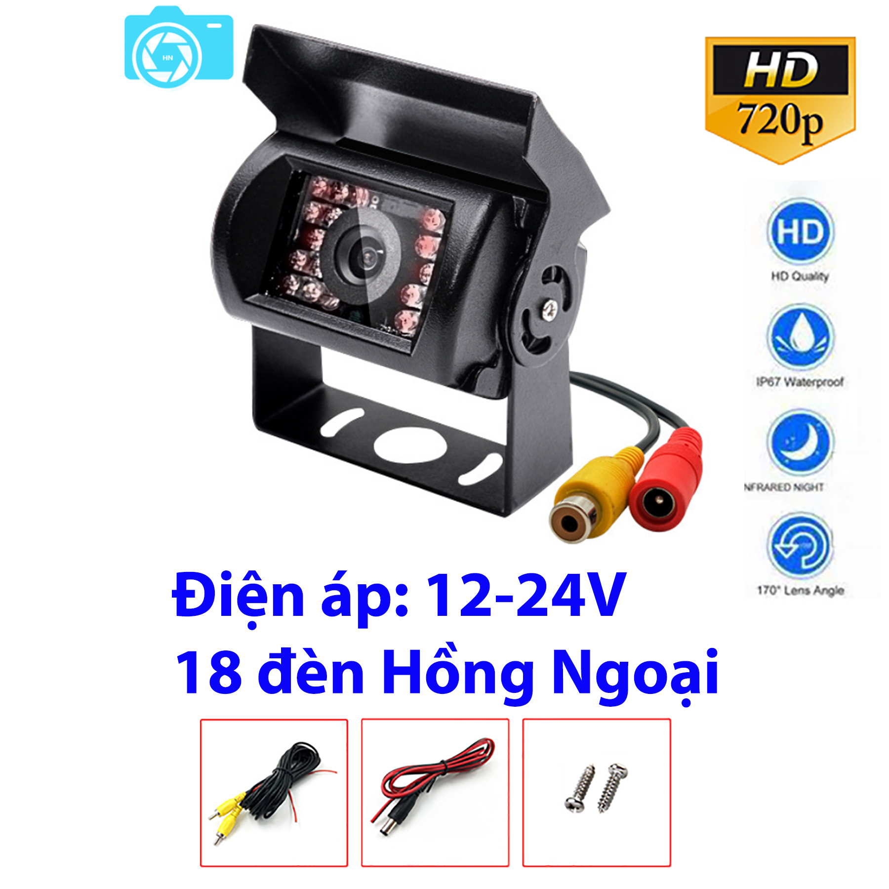 Camera lùi hồng ngoại dành cho xe tải, nguồn 12-24V, 18 đèn hồng ngoại, dây tín hiệu dài 10m