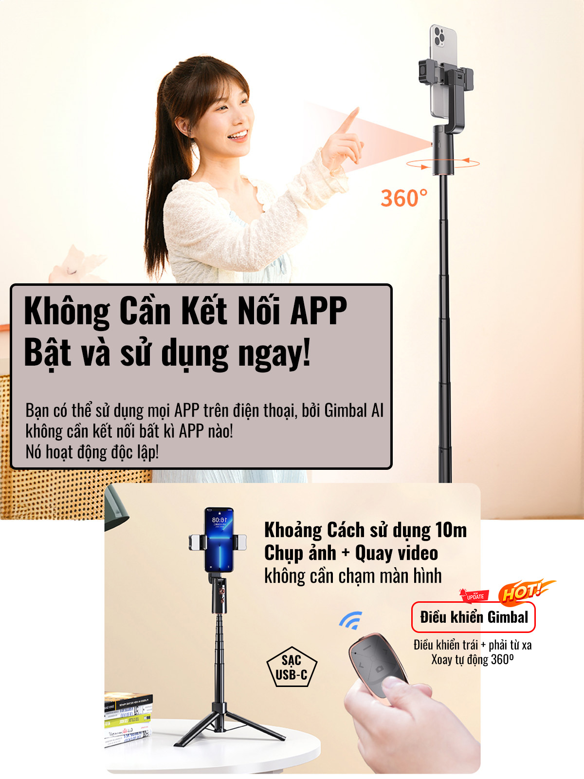 Chân quay video, chụp ảnh AI thông minh A100 cho điện thoại, dõi theo chủ thể khi chuyển động, có điều khiển gimbal 360, hàng chính hãng