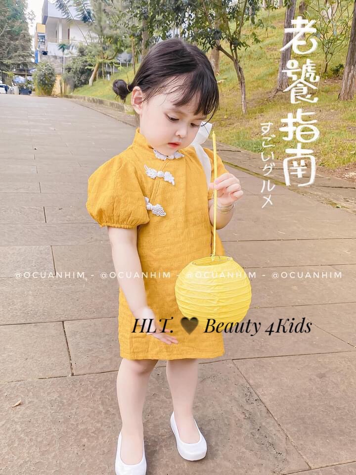Sườn xám nút tàu bé gái kèm túi - sườn xám bé gái 1 -5 tuổi, đầm trung thu cho bé xinh xắn