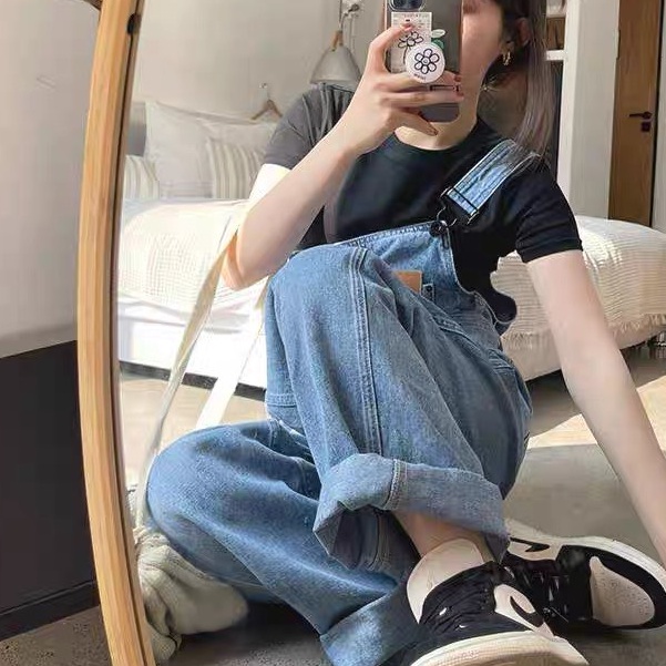 Quần yếm jeans ống rộng quần yếm xanh jean phong cách_y3