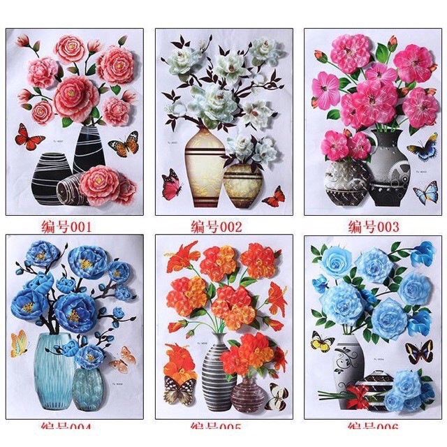 Tranh Decal Dán Bình Hoa 3D Hoa Nổi Trang Trí