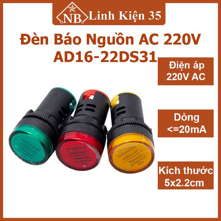 Đèn báo nguồn ad16-16c điện áp 220vac màu đỏ/vàng/xanh lá