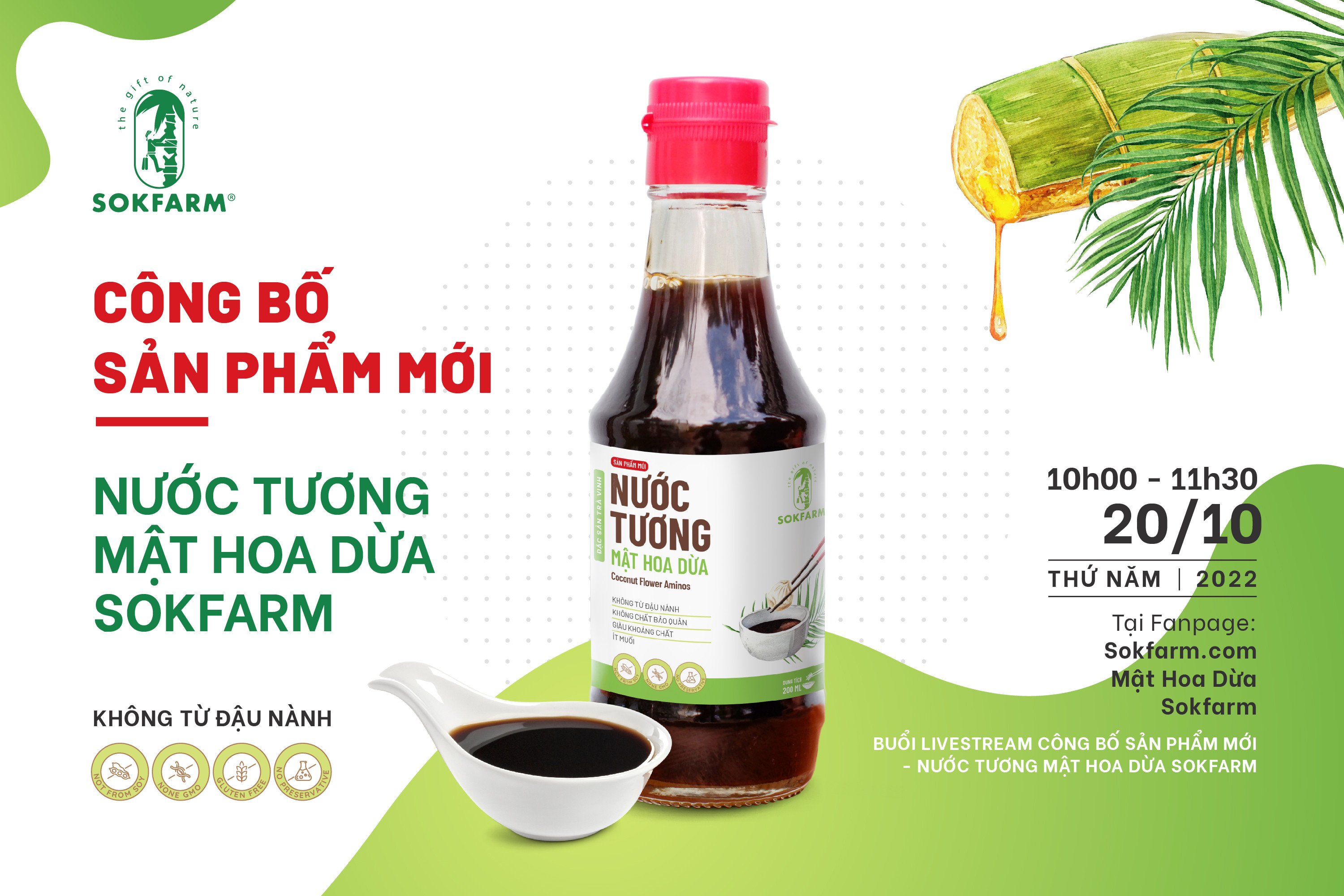 Nước tương mật hoa dừa Sokfarm, ít muối, không từ đậu nành