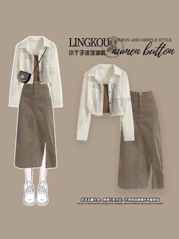 Set 3 món thnah lịch áo khoác vest croptop rút dây và chân váy suông kèm áo thun hai dây