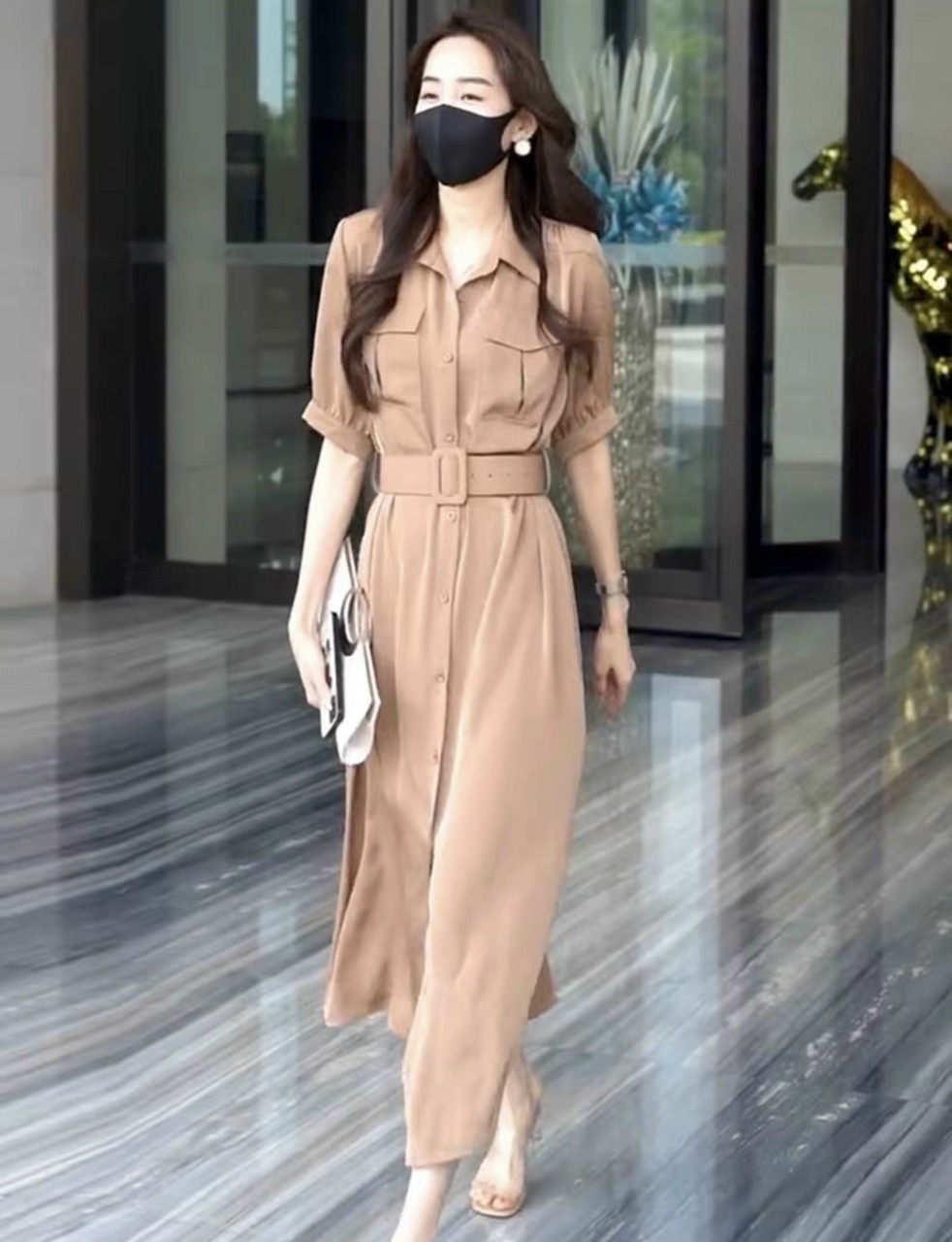 Đầm kem túi hộp kèm belt