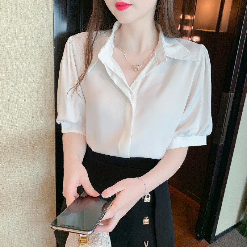 Áo sơ mi nữ ngắn tay tay phồng màu trơn SM001 thời trang PONIVALAZA chất vải mềm mịn thoáng mát