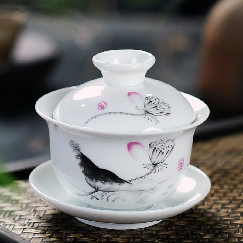 Chén khải pha trà bằng sứ trắng bạch định thấu quang