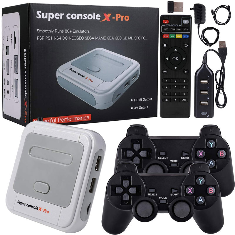 Máy chơi gamer điện tử 4 nút Super Console X-Tích hợp 33.000+ trò chơi, Game box TV HDMI/ AV - Máy chơi game không dây trên tivi Console X Pro cho PSP / N64 / DC / NDS / PS1