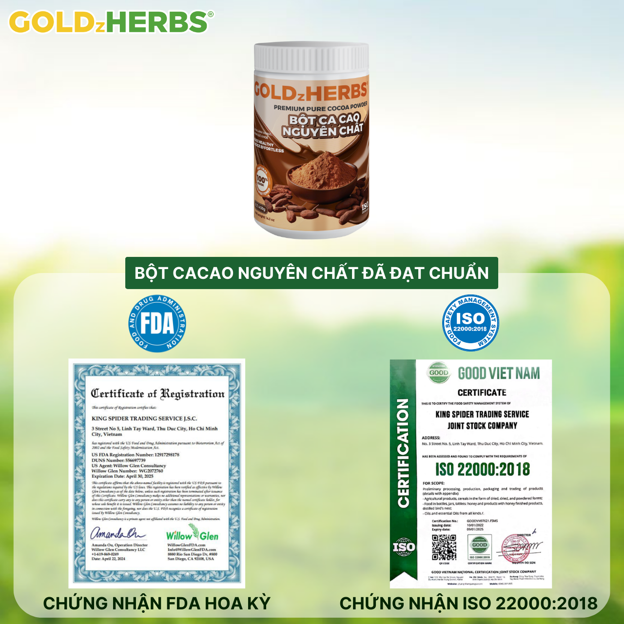 Bột cacao nguyên chất GoldzHerbs – 100% từ ca cao tự nhiên – Túi 500g