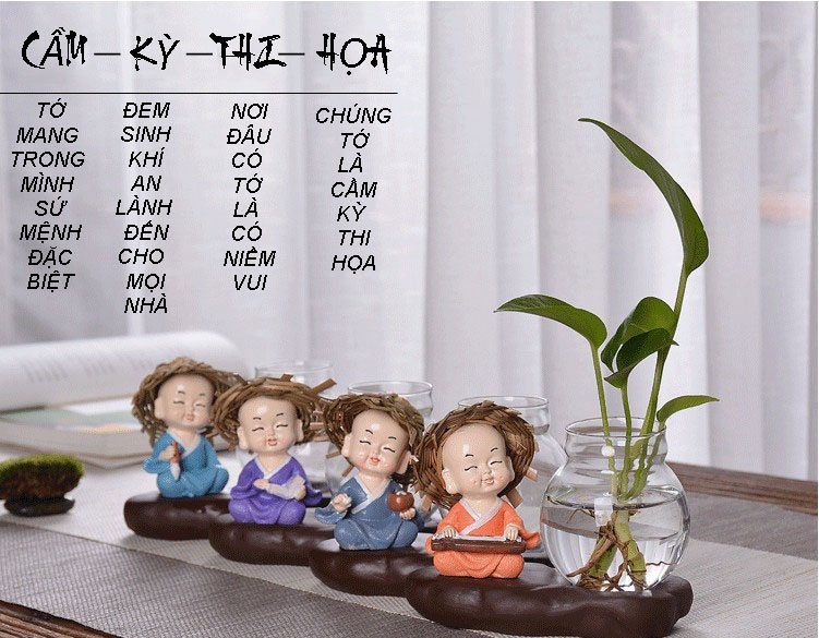 Bộ 4 Chú Tiểu Cầm Kỳ Thi Họa Đội Nón Rơm