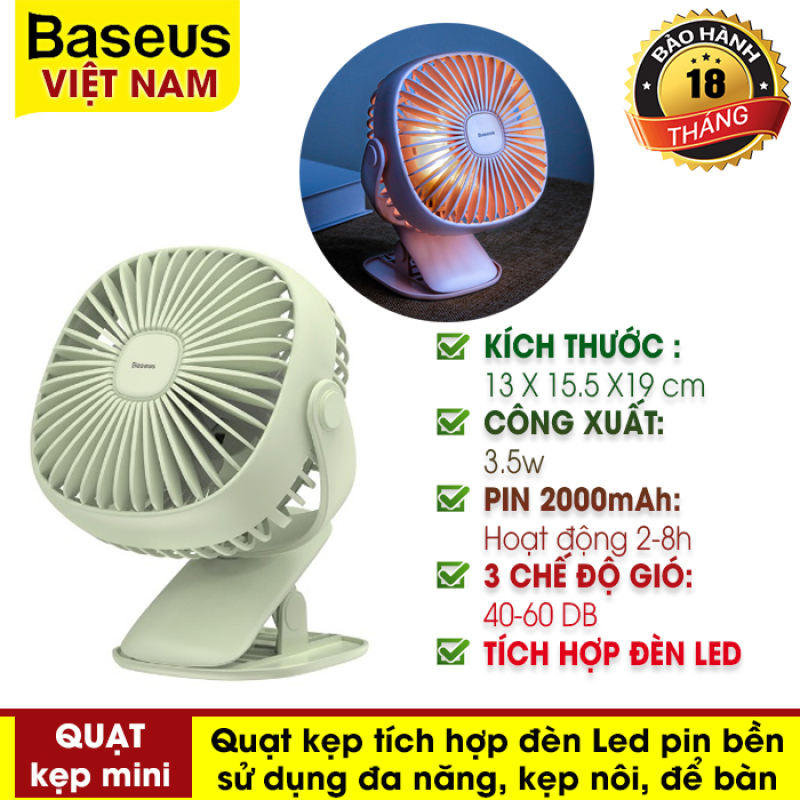 Quạt mini - Quạt tích điện  có kẹp pin 2000mAh Cầm Tay Hoặc Để Bàn và có kẹp tiện dụng tích hợp đèn ngủ Đa Năng pin bền ( Hoạt động liên tục 3-8h ) thương hiệu Baseus - Phân phối bởi Baseus Vietnam