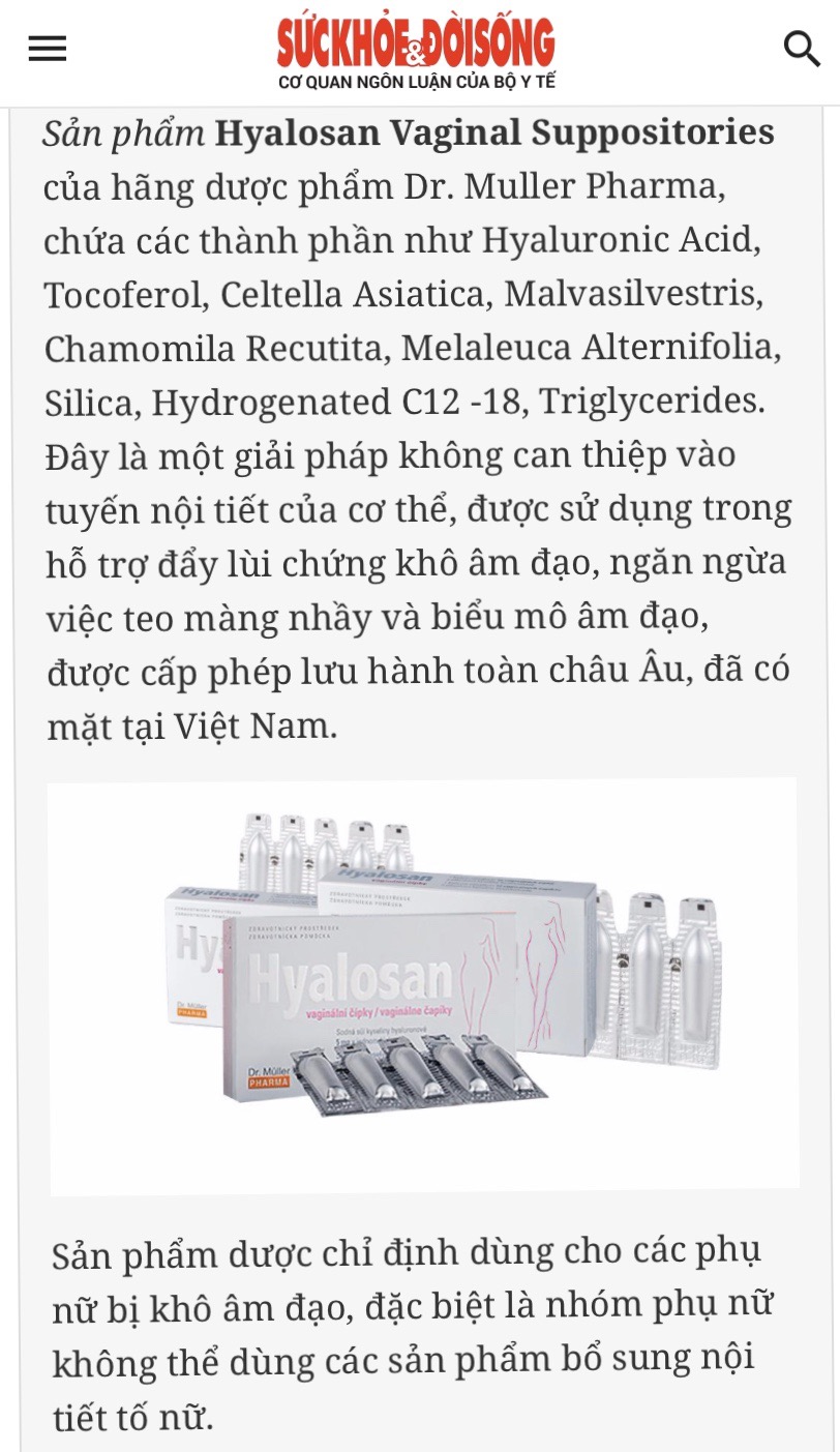 Viên đặt giảm khô vùng kín - Hyalosan vaginal suppositories (Hộp 2 vỉ x 5 viên)