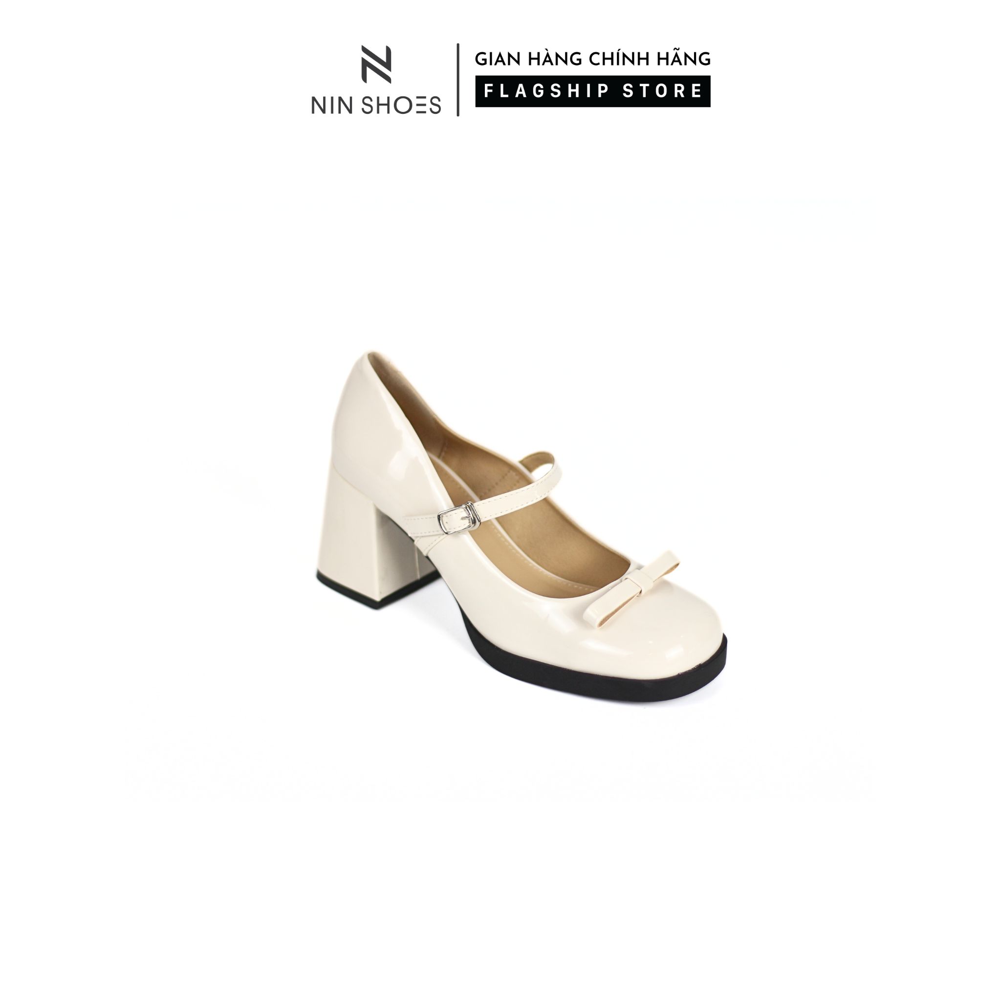 Giày Búp bê cao gót Nữ Ninshoes mũi vuông đế vuông 7P tag nơ cài bên hông nữ tính sang chảnh CGM0172