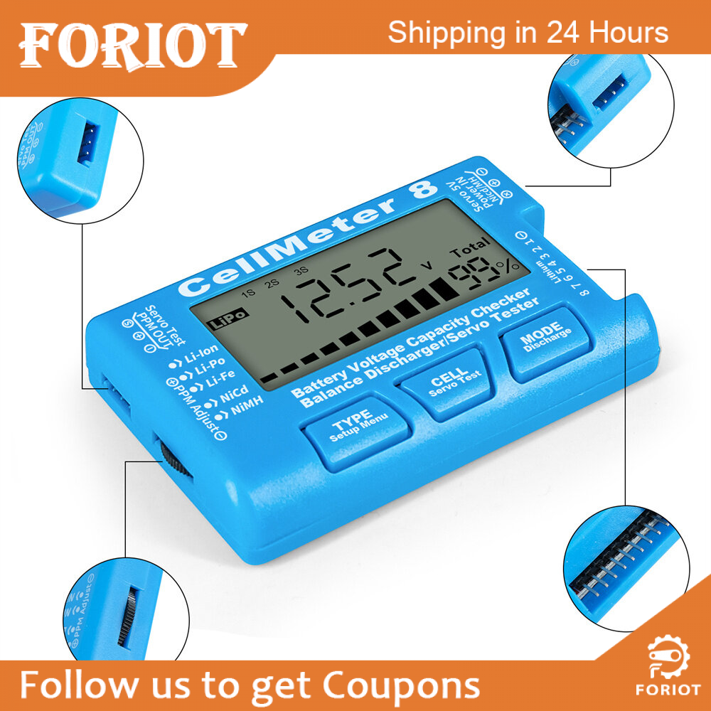 Foriot LCD Digital Battery Capacity Checker CellMeter RC CellMeter7/CellMeter8 2-8S 4-8S Servo LiPo Li-lon NiMH Battery Tester