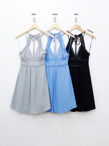 C5909 - Đầm 2 dây phối ren, 2 lớp
