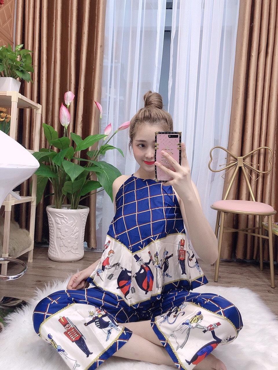 Sét bộ lụa satin dài tay phối lai-MTB