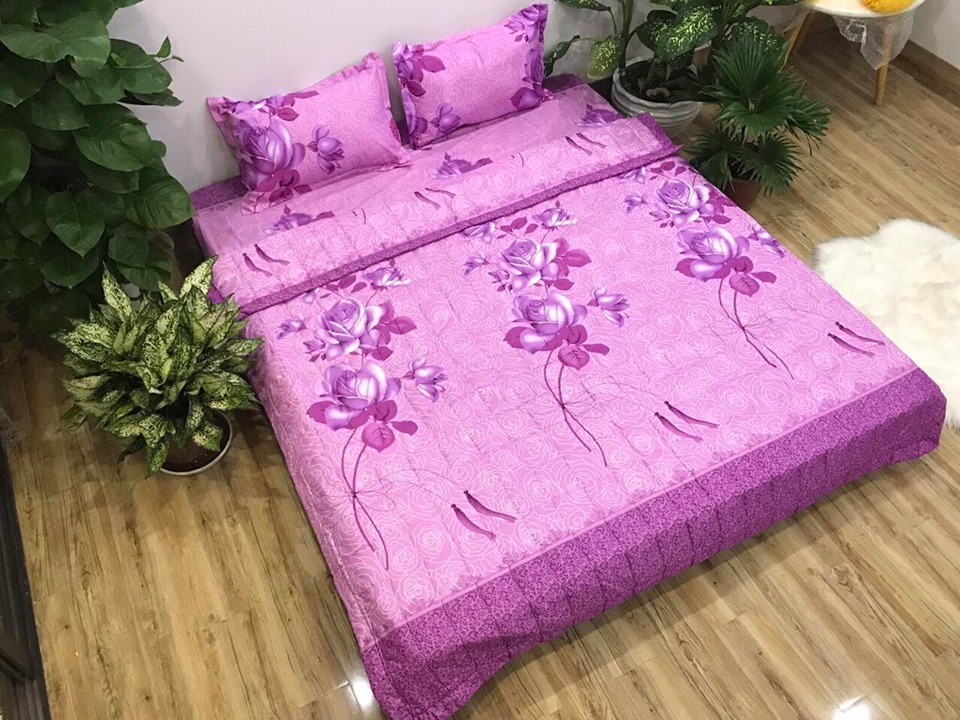 Bộ Chăn Ga Gối Cotton Poly - Hình Hoa Cành Tím ( 3 Món , 4 Món , 5 Món )