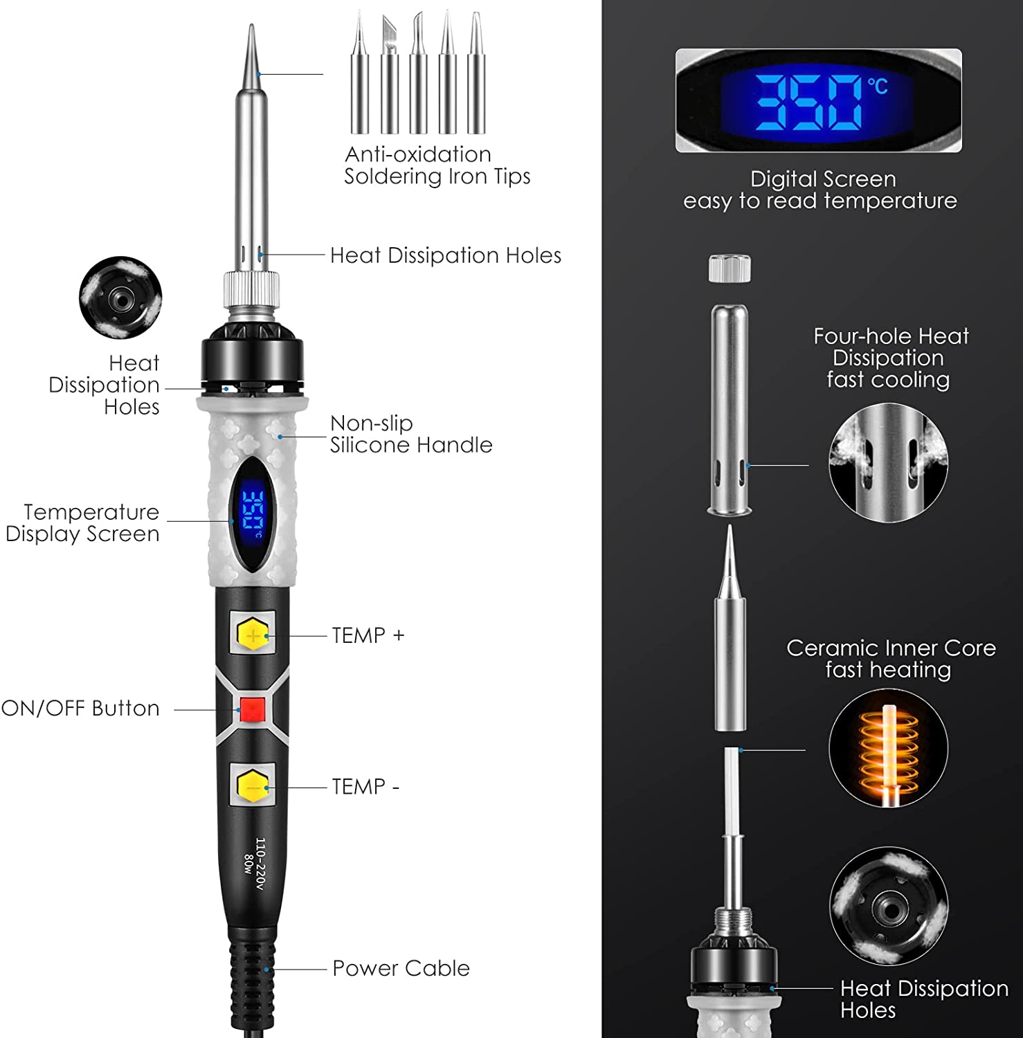 80W Digital Soldering Iron with 5pcs Tips, Adjustable Temperature and Fast Heating Thermostatic Design, for Electronics Repair and DIY