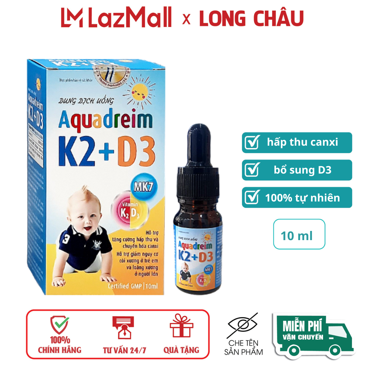 Vitamin d3 aquadreim k2 + d3 k2 mk7 giúp hấp thụ canxi, chắc khoẻ xương – hộp 10ml