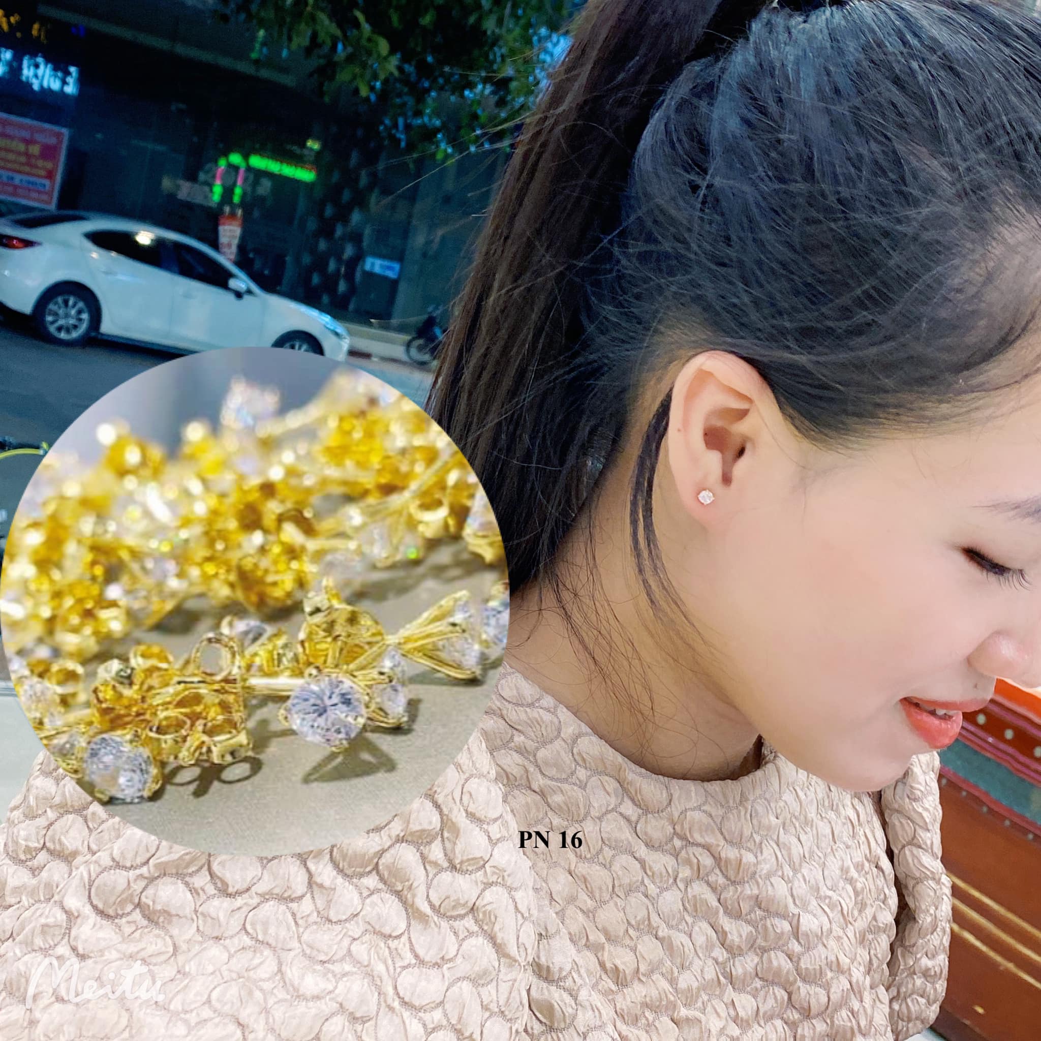 Bông tai nụ đá chốt đẩy VT10k có hóa đơn bảo hành tiệm, vàng bạc an chi