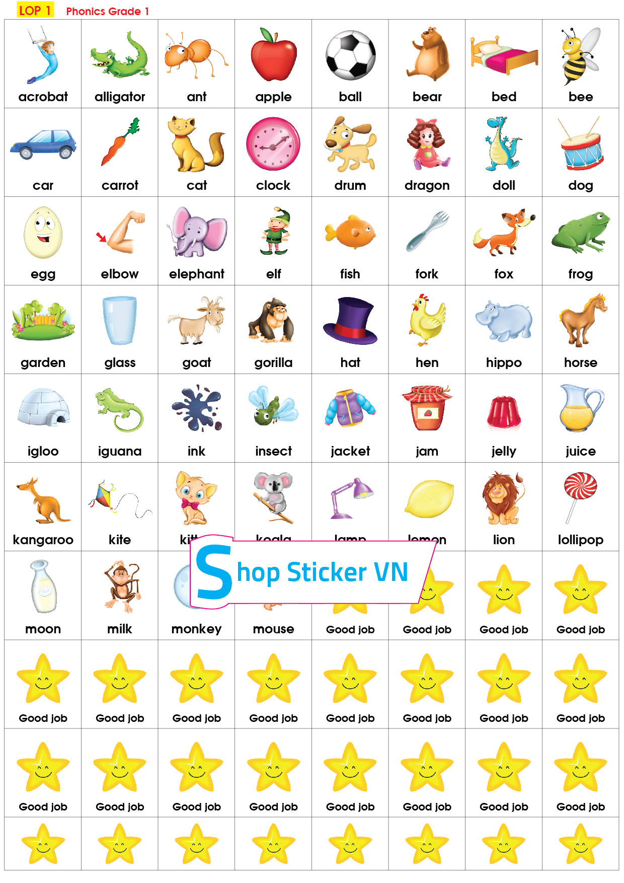 Sticker từ vựng tiếng anh lớp 1, lớp 2 - Phonics
