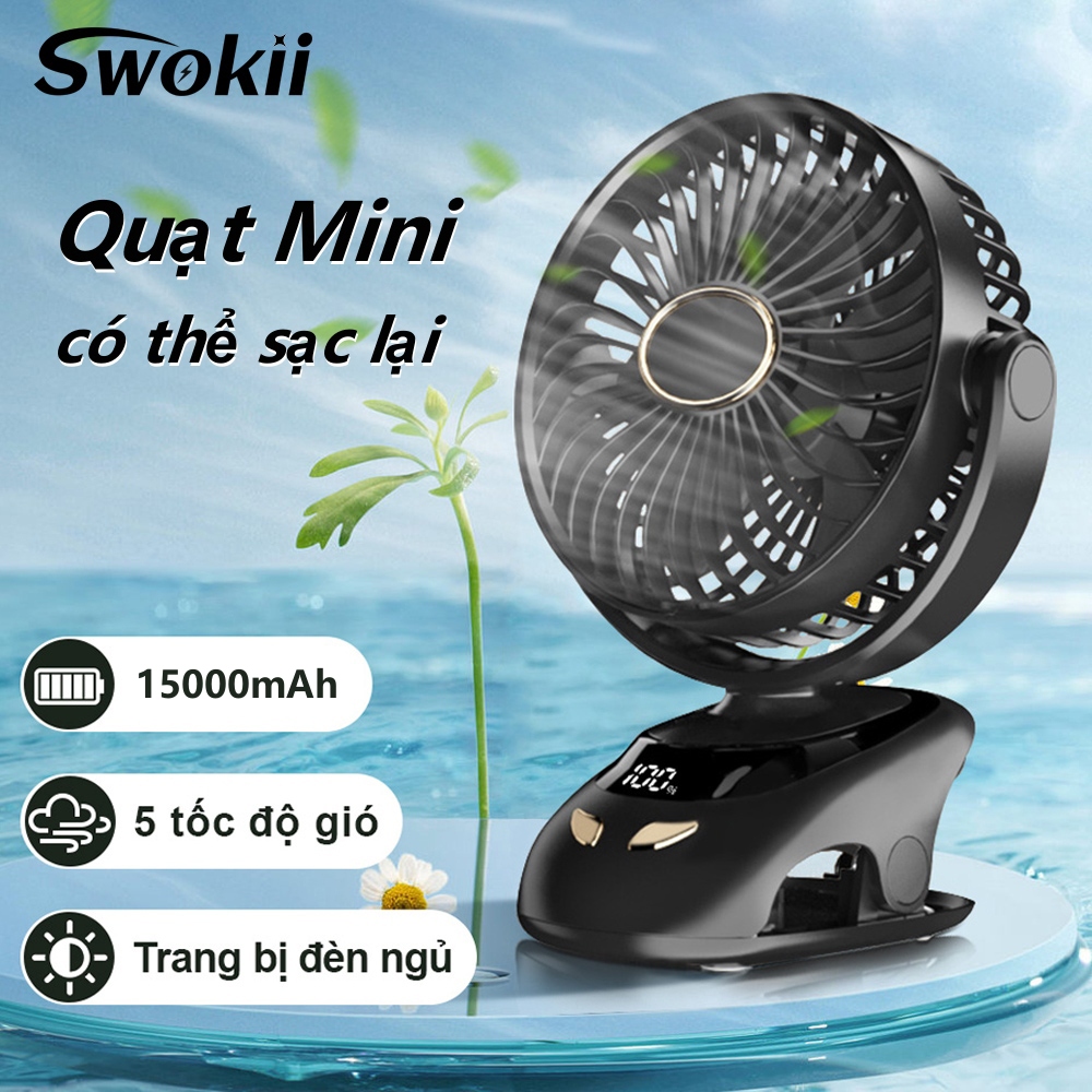 Swokii N33 quạt tích điện, quạt tích điện mini 12 tiếng, quạt mini siêu mạnh với màn hình kỹ thuật số, 5 tốc độ gió có thể điều chỉnh, Dành cho Văn phòng/Ký túc xá/Phòng ngủ/Xe đẩy