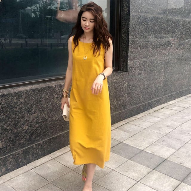 Đầm suông linen bột[sát nách+ dáng suông dài+đi biển]