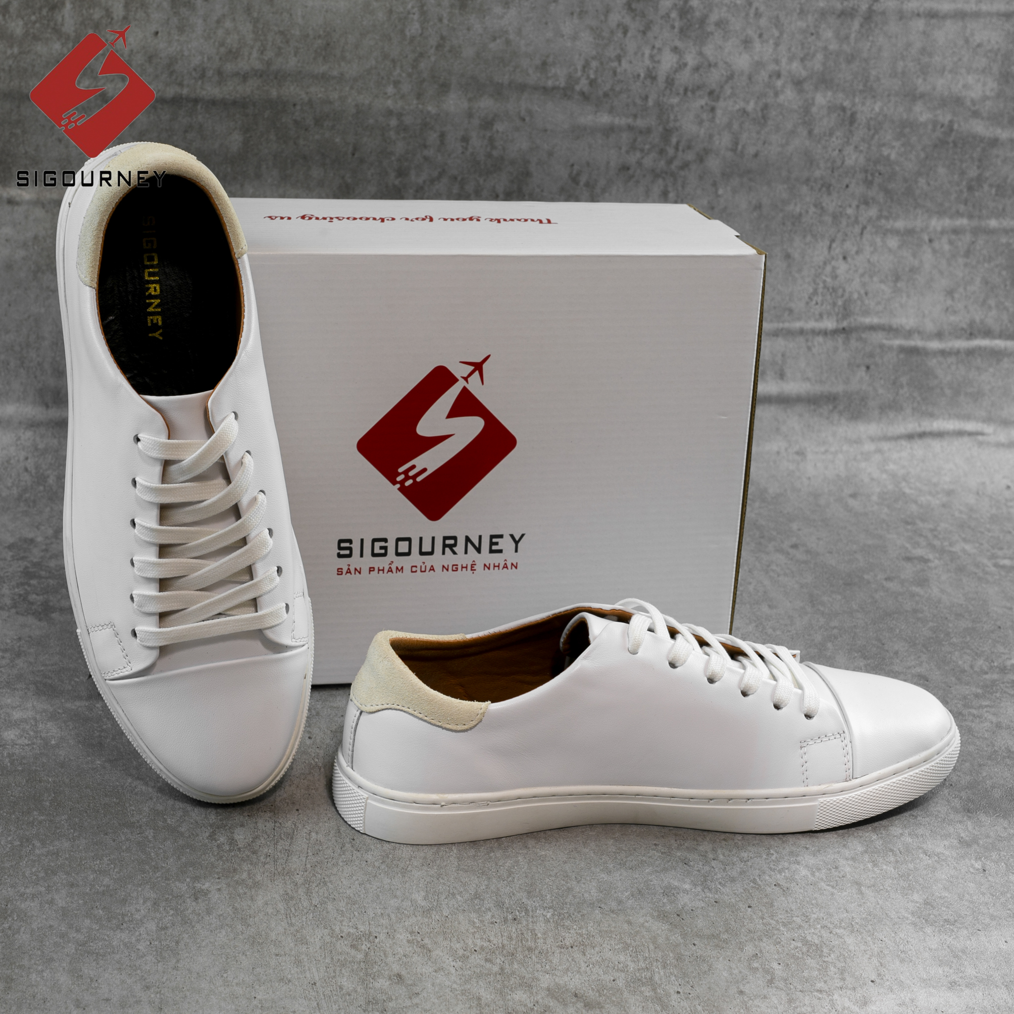 Giày Sneaker da bò màu trắng SIGOURNEY giày thể thao nam TT001 bảo hành 18 tháng