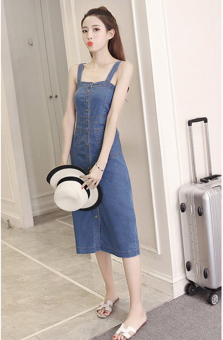 [HCM]Đầm Yếm Jean Nữ Form Dài Nút Cài Dọc
